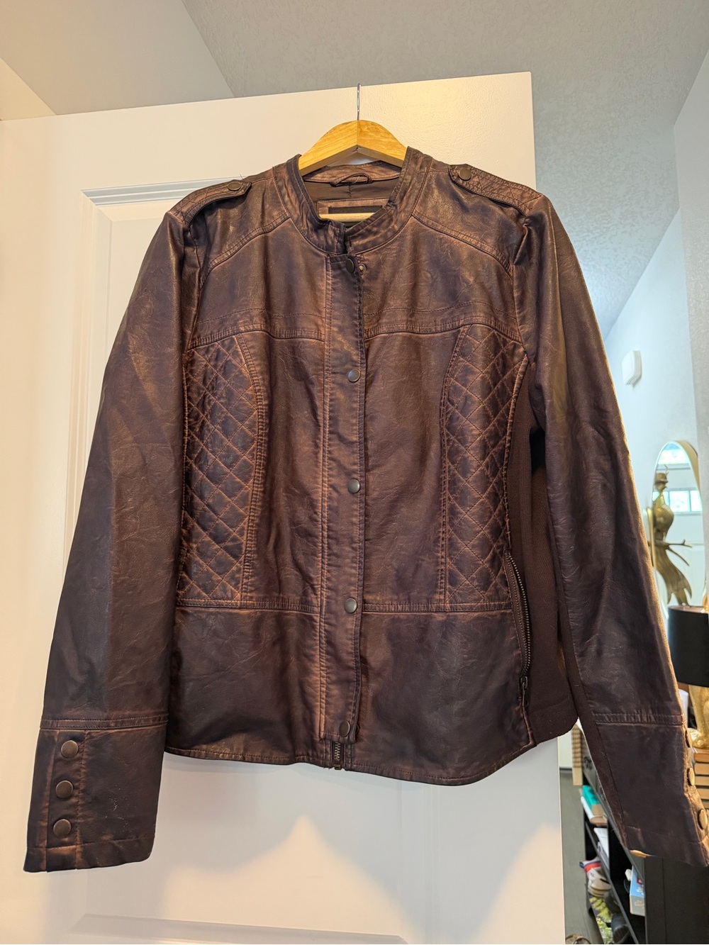 Maurices Quilted Panel Chocolate Brown Distressed Faux Leather Jacket